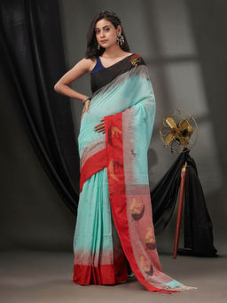 CHARUKRITI - Sea Green Cotton Handspun Handwoven Saree with Woven Designs & Unstitched Blouse