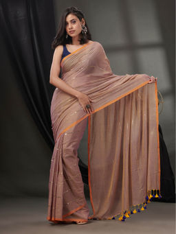 CHARUKRITI - Beige Cotton Handwoven Soft Saree without Blouse & Sequinned Work