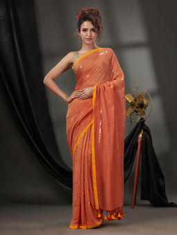 CHARUKRITI - Orange Cotton Handwoven Soft Saree without Blouse & Sequinned Work