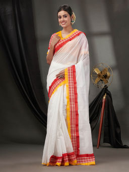 CHARUKRITI - White Cotton Handwoven Saree with Patch Borders & Stitched Blouse