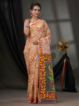 CHARUKRITI - Beige Cotton Dhakai Jamdhani Handwoven Saree without Blouse & Foliage Designs