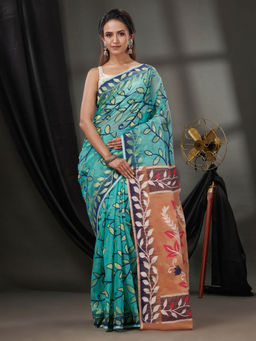 CHARUKRITI - Sea Green Cotton Dhakai Jamdhani Handwoven Saree without Blouse & Foliage Designs