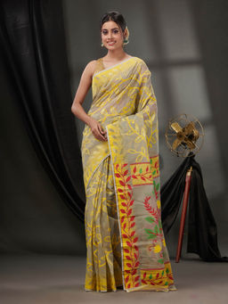 CHARUKRITI - Beige Cotton Dhakai Jamdhani Handwoven Saree without Blouse & Foliage Designs