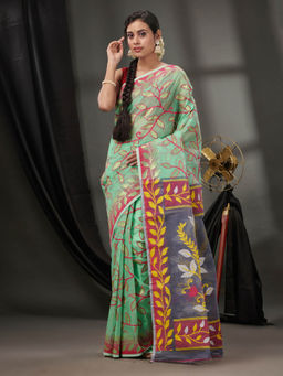 CHARUKRITI - Mint Green Cotton Dhakai Jamdhani Handwoven Saree without Blouse & Foliage Designs