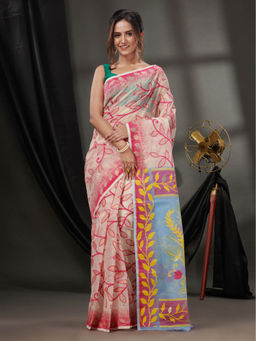 CHARUKRITI - Light Beige Cotton Dhakai Jamdhani Handwoven Saree without Blouse & Foliage Designs