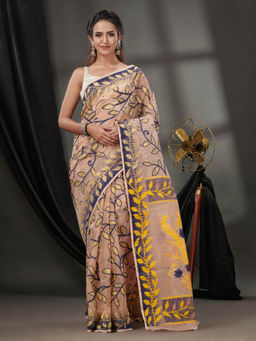 CHARUKRITI - Peach Cotton Dhakai Jamdhani Handwoven Saree without Blouse & Foliage Designs