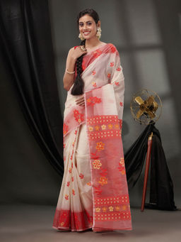 CHARUKRITI - Off White Cotton Dhakai Jamdhani Handwoven Saree without Blouse & Floral Motifs