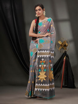 CHARUKRITI - Grey Cotton Dhakai Jamdhani Handwoven Saree without Blouse & Woven Designs