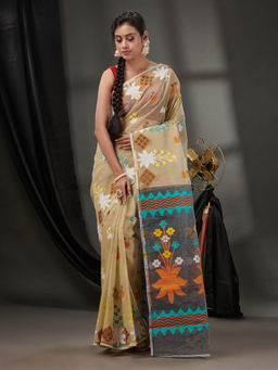 CHARUKRITI - Beige Cotton Dhakai Jamdhani Handwoven Saree without Blouse & Woven Designs