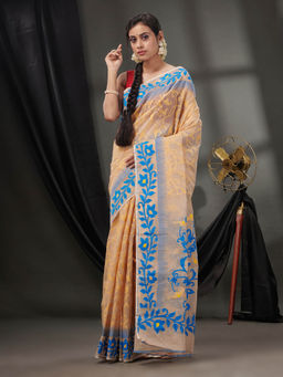 CHARUKRITI - Beige Cotton Dhakai Jamdhani Handwoven Saree without Blouse & Nakshi Designs