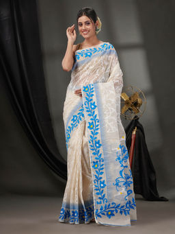 CHARUKRITI - Baby Off White Cotton Dhakai Jamdhani Handwoven Saree without Blouse & Nakshi Designs