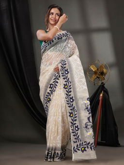 CHARUKRITI - Beige Cotton Dhakai Jamdhani Handwoven Saree without Blouse & Nakshi Designs