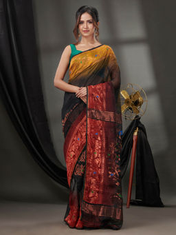 CHARUKRITI - Black Silk Cotton Jamdhani Handwoven Saree without Blouse & Zari Woven Designs