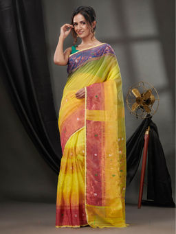 CHARUKRITI - Yellow Silk Cotton Jamdhani Handwoven Saree without Blouse & Zari Woven Designs