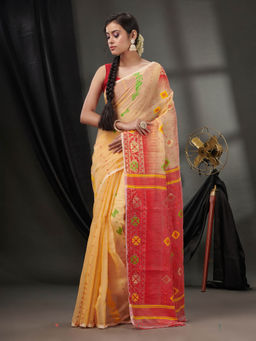 CHARUKRITI - Beige Silk Cotton Jamdhani Handwoven Saree without Blouse & Texture Designs