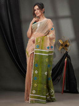 CHARUKRITI - Ecru Silk Cotton Jamdhani Handwoven Saree without Blouse & Texture Designs