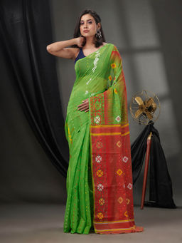 CHARUKRITI - Parrot Green Silk Cotton Jamdhani Handwoven Saree without Blouse & Texture Designs