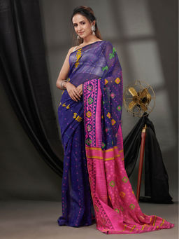 CHARUKRITI - Navy Blue Silk Cotton Jamdhani Handwoven Saree without Blouse & Texture Designs