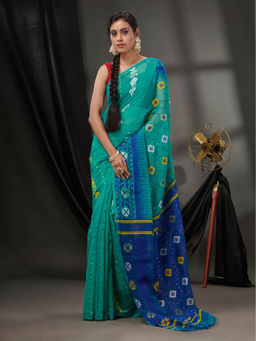 CHARUKRITI - Sea Green Silk Cotton Jamdhani Handwoven Saree without Blouse & Texture Designs