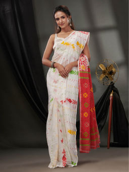 CHARUKRITI - White Silk Cotton Jamdhani Handwoven Saree without Blouse & Texture Designs