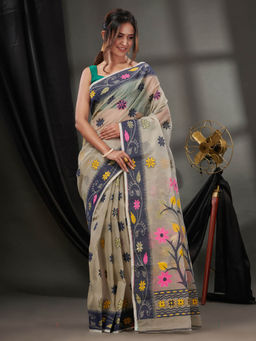 CHARUKRITI - Ecru Cotton Dhakai Jamdhani Handwoven Saree without Blouse & Floral Designs