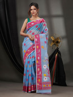 CHARUKRITI - Sky Blue Cotton Dhakai Jamdhani Handwoven Saree without Blouse & Floral Designs