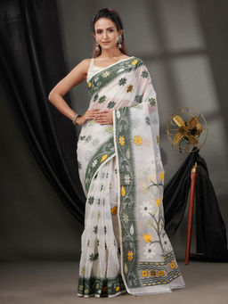 CHARUKRITI - White Cotton Dhakai Jamdhani Handwoven Saree without Blouse & Floral Designs
