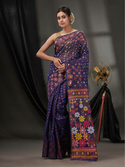 CHARUKRITI - Navy Blue Cotton Dhakai Jamdhani Handwoven Saree without Blouse & Floral Designs