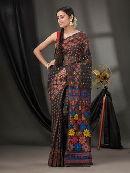 CHARUKRITI - Black Cotton Dhakai Jamdhani Handwoven Saree without Blouse & Floral Designs