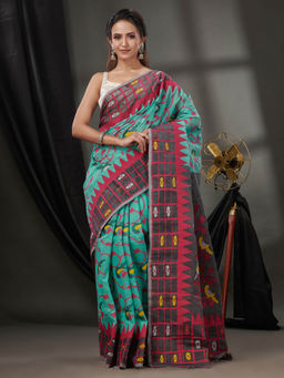 CHARUKRITI - Sea Green Cotton Dhakai Jamdhani Handwoven Saree without Blouse & Woven Designs
