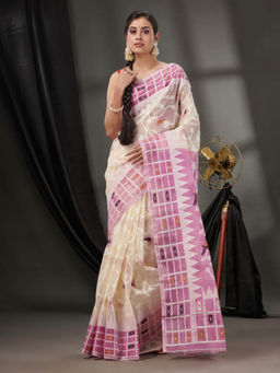 CHARUKRITI - Off White Cotton Dhakai Jamdhani Handwoven Saree without Blouse & Woven Designs