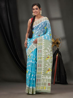 CHARUKRITI - Sky Blue Cotton Dhakai Jamdhani Handwoven Saree without Blouse & Woven Designs