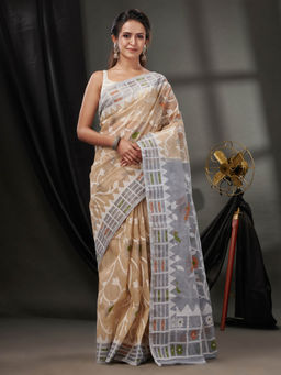 CHARUKRITI - Ecru Cotton Dhakai Jamdhani Handwoven Saree without Blouse & Woven Designs