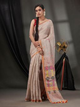 CHARUKRITI - Ecru Linen Handwoven Saree with Zari Borders & Unstitched Blouse