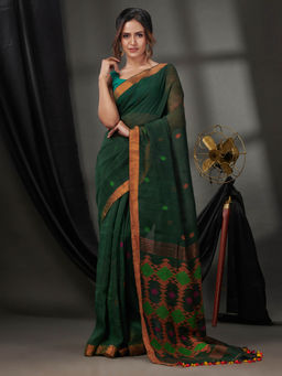 CHARUKRITI - Forest Green Linen Handwoven Saree with Zari Borders & Unstitched Blouse