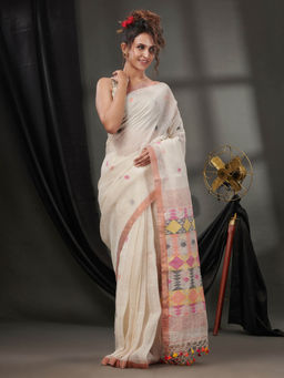 CHARUKRITI - Off White Linen Handwoven Saree with Zari Borders & Unstitched Blouse