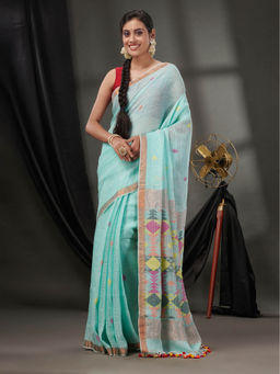 CHARUKRITI - Sea Green Linen Handwoven Saree with Zari Borders & Unstitched Blouse