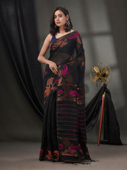 CHARUKRITI - Black Linen Handwoven Saree with Nakshi Borders & Unstitched Blouse