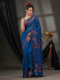 CHARUKRITI - Sapphire Blue Linen Handwoven Saree with Nakshi Borders & Unstitched Blouse