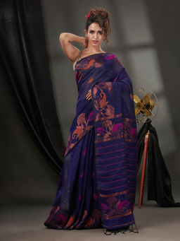 CHARUKRITI - Midnight Blue Linen Handwoven Saree with Nakshi Borders & Unstitched Blouse