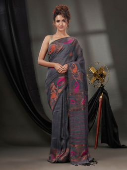 CHARUKRITI - Grey Linen Handwoven Saree with Nakshi Borders & Unstitched Blouse