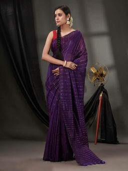 CHARUKRITI - Purple Matka Handwoven Stripes Pattern Saree with Sequinned Work & Unstitched Blouse