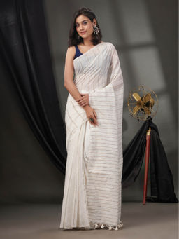 CHARUKRITI - White Matka Handwoven Stripes Pattern Saree with Sequinned Work & Unstitched Blouse