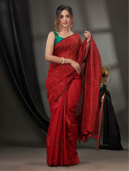 CHARUKRITI - Brick Red Matka Handwoven Stripes Pattern Saree with Sequinned Work & Unstitched Blouse