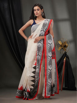 CHARUKRITI - White Resham Kota Handwoven Saree without Blouse & Fish Borders
