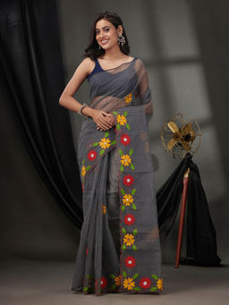 CHARUKRITI - Black Resham Kota Handwoven Saree without Blouse & Floral Applique