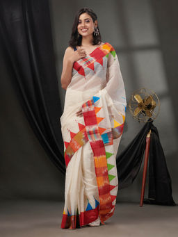 CHARUKRITI - White Resham Kota Handwoven Saree without Blouse & Sambalpuri Borders