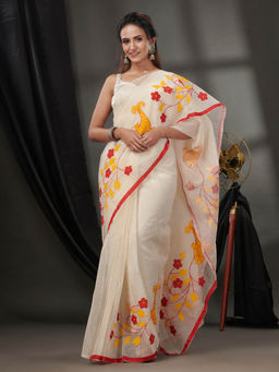 CHARUKRITI - Off White Resham Kota Handwoven Saree without Blouse & Fish And Floral Applique