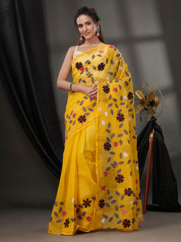 CHARUKRITI - Yellow Resham Kota Handwoven Saree without Blouse & Floral Applique