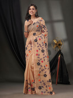 CHARUKRITI - Beige Resham Kota Handwoven Saree without Blouse & Floral Applique